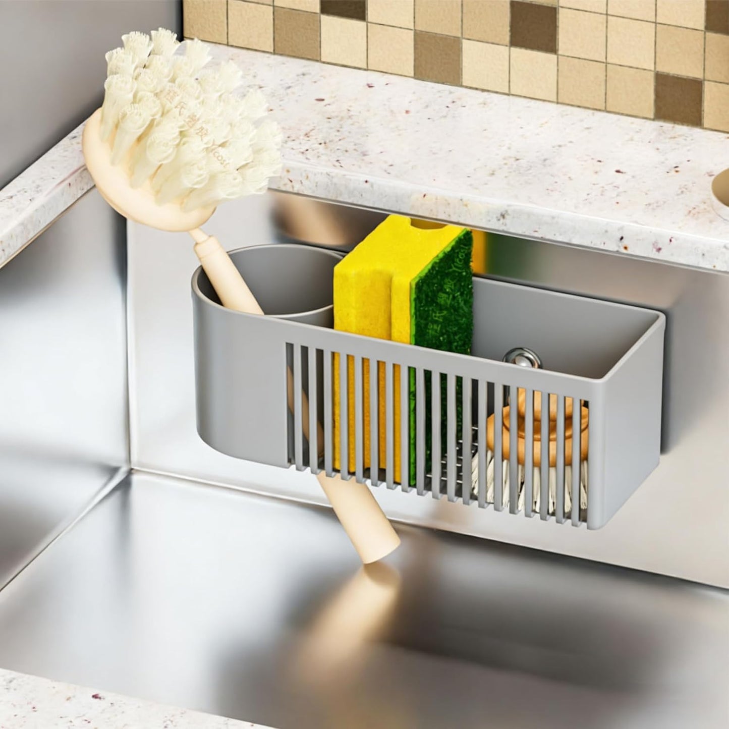 Inside Sink Sponge Holder,Grey Rustproof Sink Caddy and Scrub Holder for Kitchen Sink with Suction Cup,Adhesive,Plastic Dish Sink Organizer for Scrub Brush,Scrubber,Dish Sponge,Spinge Holder