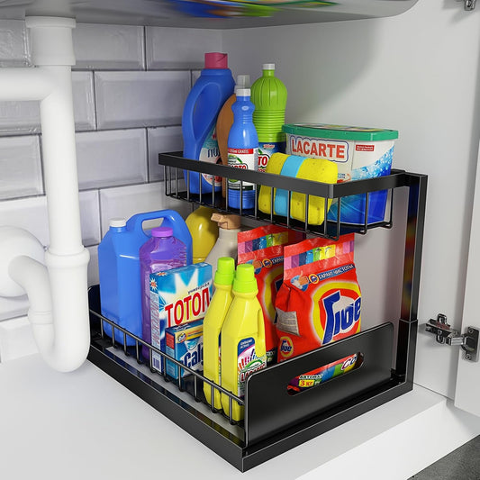 Under Sink Organizer, Pull Out Cabinet Storage 2 Tier Slide Out Sink Shelf