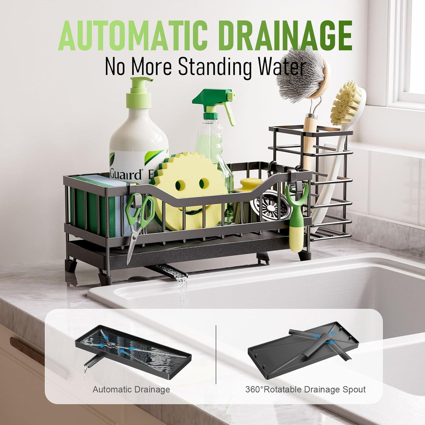 Sponge Holder for Kitchen Sink, Kitchen Sink Caddy with Long-Handled Dish Brushes Holder