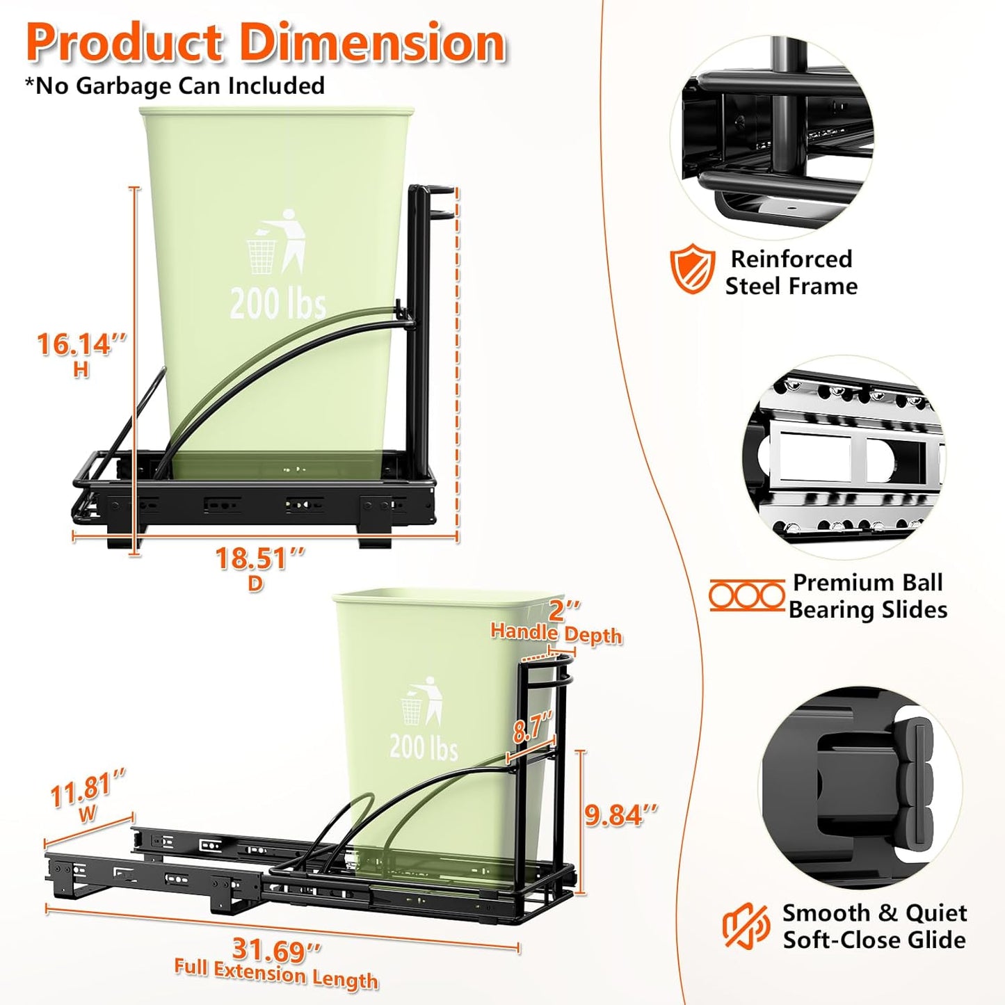 Under Sink Trash Can Pull Out, Reinforced Heavy Duty Steel Frame Slider