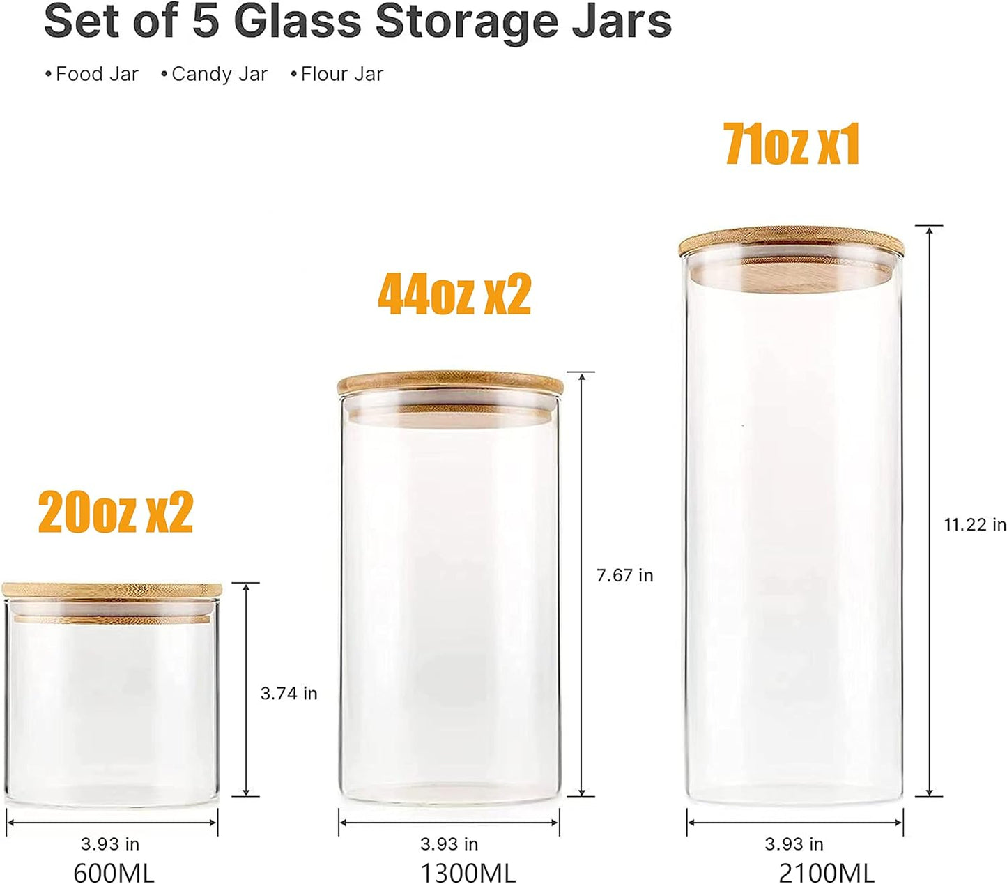 Glass Storage Jars [Set of 5],Clear Glass Food Storage Containers with Airtight Bamboo Lid Stackable Kitchen Canisters for Candy,Cookie,Rice,Sugar,Flour,Pasta,Nuts and Spice Jars(Square)