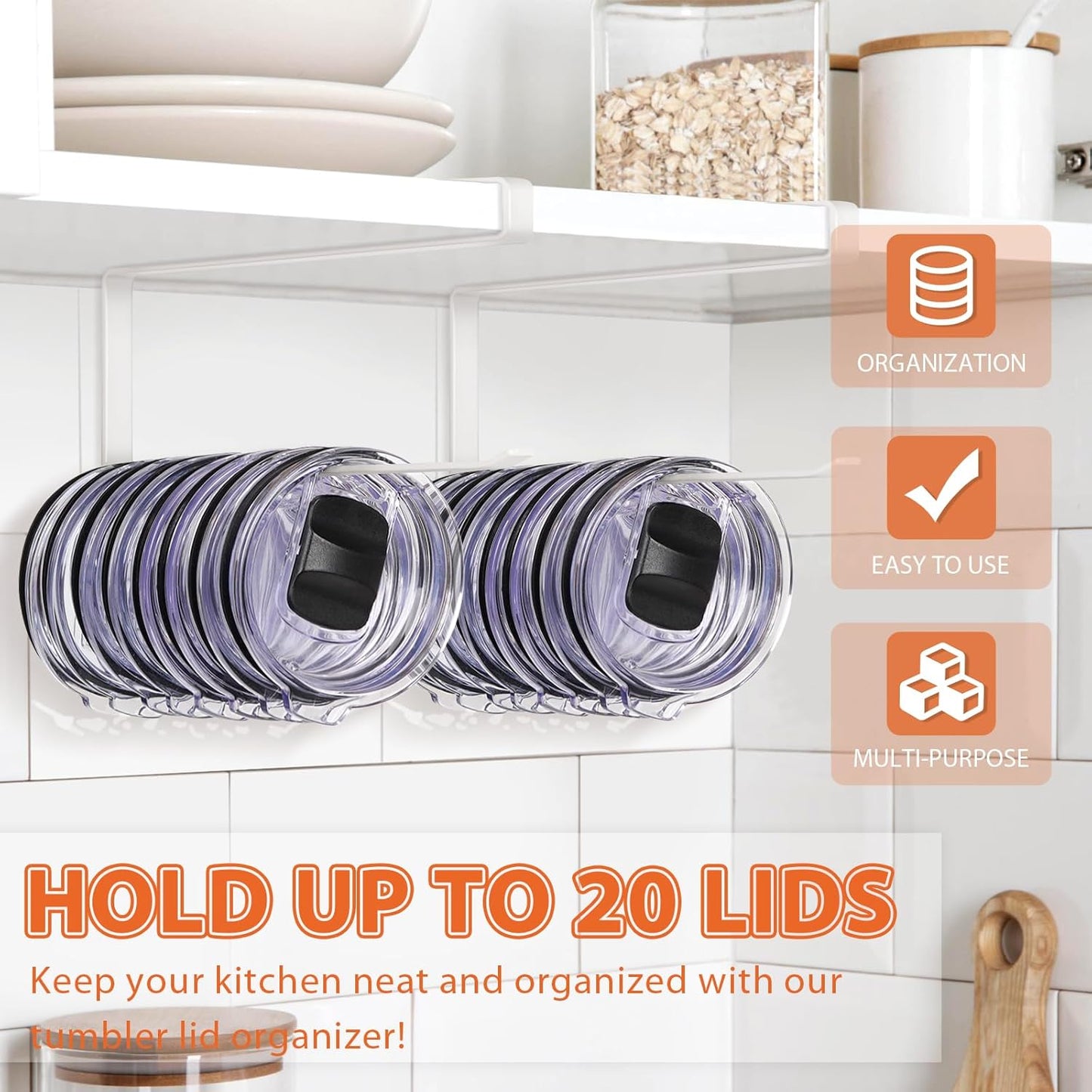 2 Pack Tumbler Lid Organizer, Horizontal Tumbler Lid Storage Hook to Hold Up 20 Lids