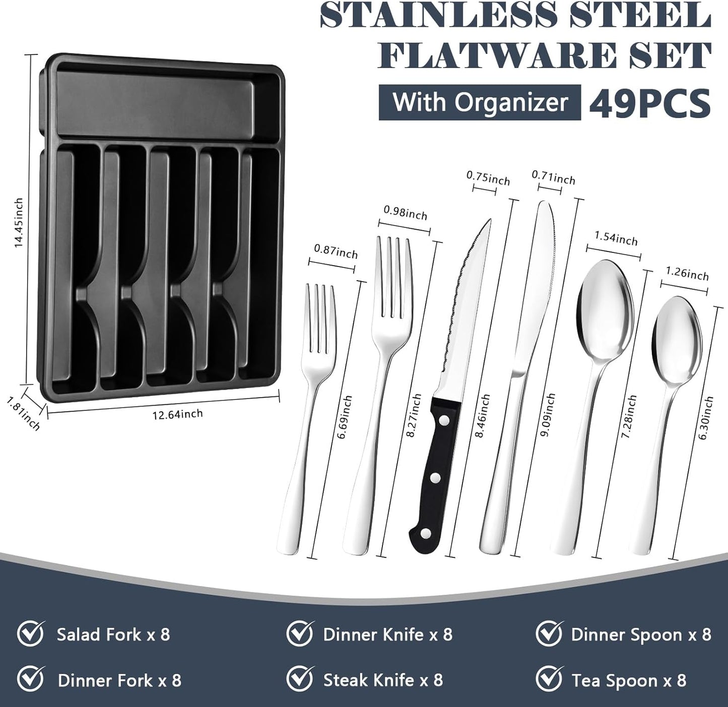 49-Piece Silverware Set with Organizer - Stainless Steel Silverware Set for 8 with Steak Knives and Drawer Organizer, Mirror Polished Flatware Set for Home and Restaurant, Dishwasher Safe
