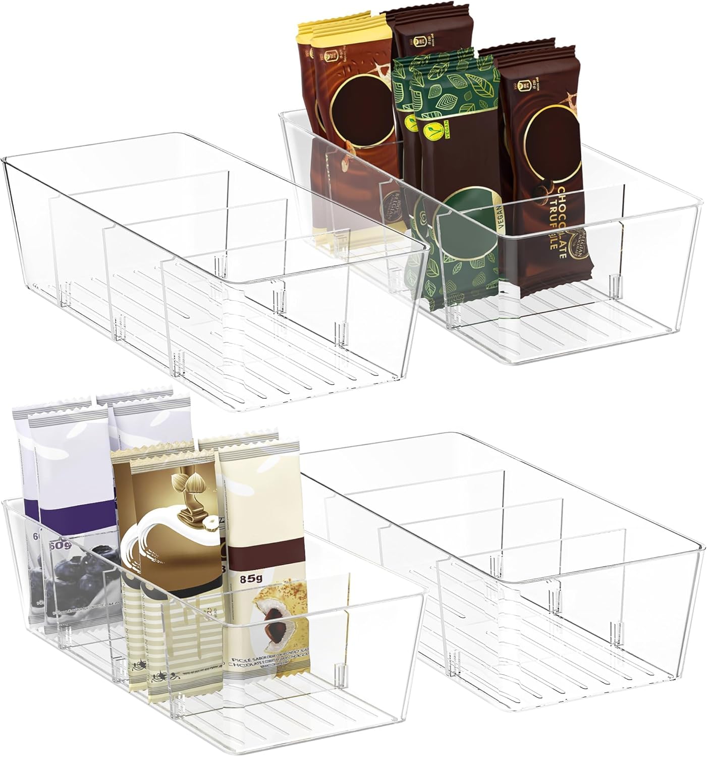 Clear Plastic Storage Bins with 3 Removable Dividers, Pantry Organization