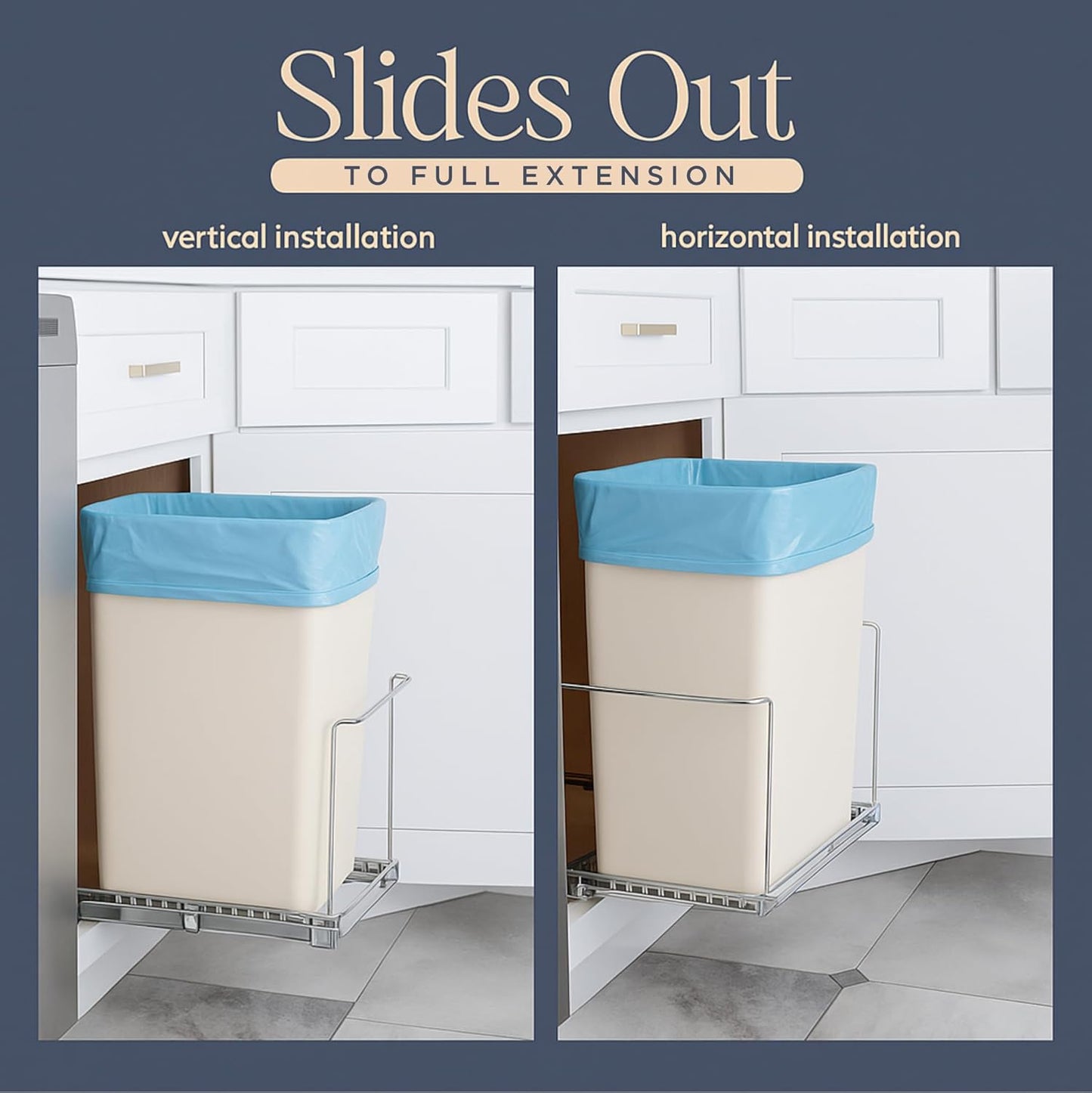 Pull-Out Cabinet Trash Can Organizer, Fits 9 Gal/35 Qt Bins, Heavy-Duty Chrome Frame