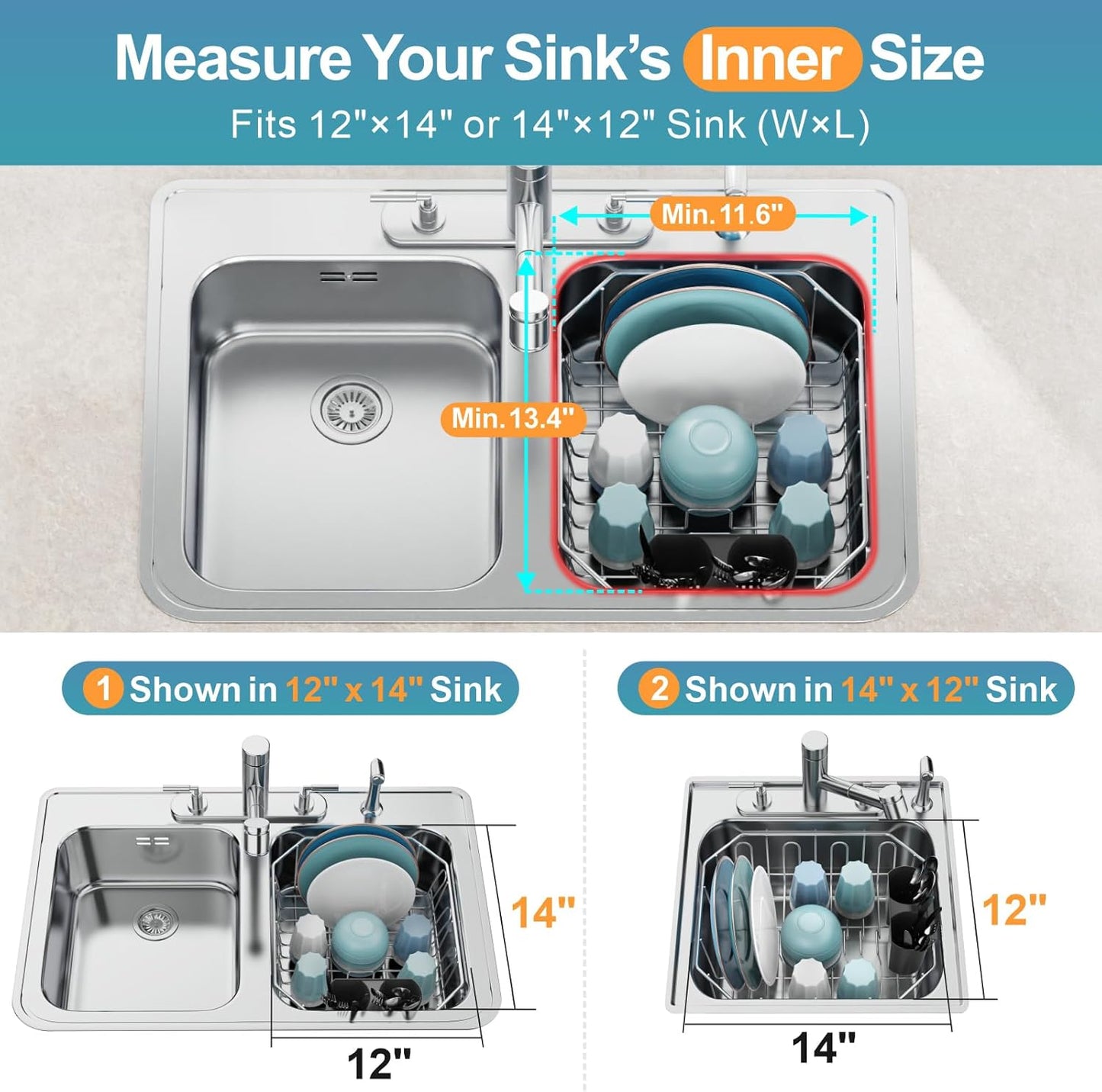 Small in Sink Dish Drying Rack - Stainless Steel Compact Dish Drainer for RV Kitchen Apartment Sink, Rust Resistant Inside Sink Rack, 1–2 Person Households, 11.6" W x 13.4" L, Silver