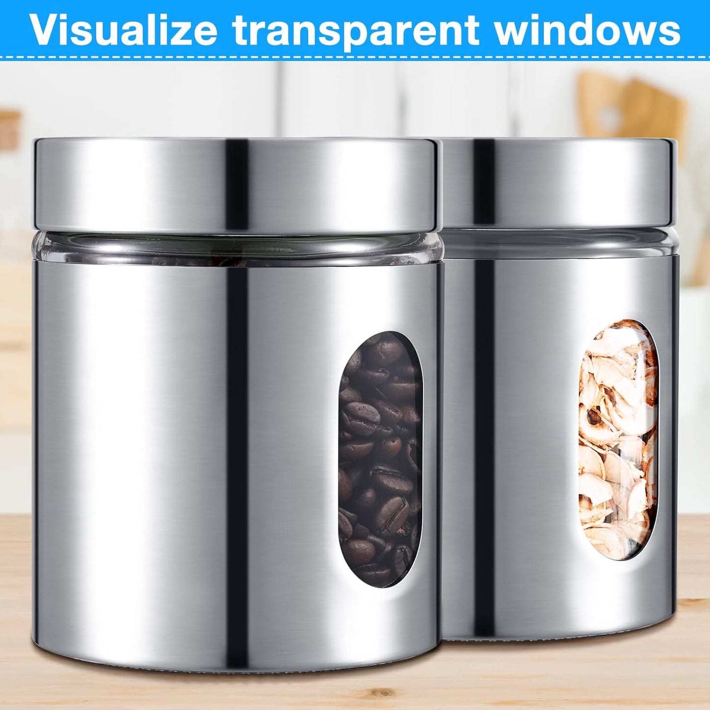 6 Pack Kitchen Canisters Set Airtight Coffee Sugar Tea Candy Storage Jars with Window Glass Stainless Steel Containers with Lids for Flour Cookies Spices Grains Kitchen Decorations(20 oz)