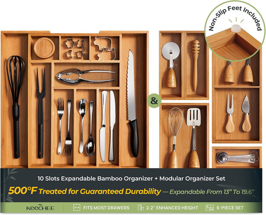 6-Piece Bamboo Drawer Organizer Set, 2.2" Deep Multi-Use Organizers for Utensils, Silverware