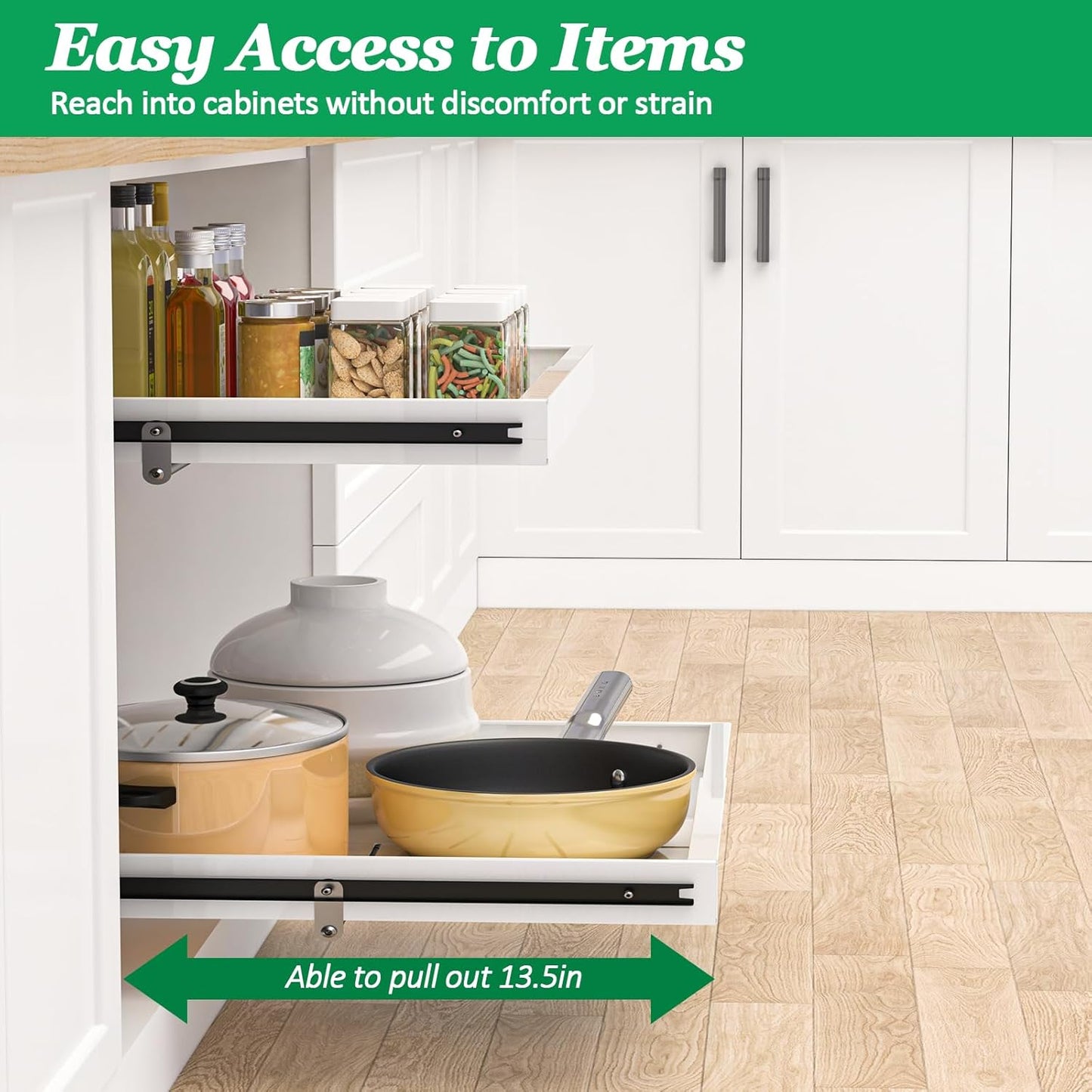 2 Tier Pull Out Cabinet Organizer, 21 inch Depth Slide Out Shelves