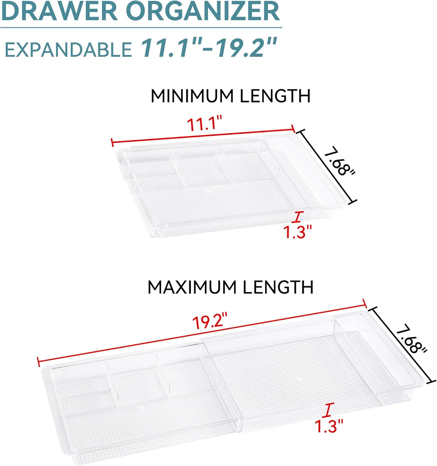 Expandable Drawer Organizer 11.1” to 19.2” Width, Shallow Cosmetic Organizer 1.3” Height, 4 Packs