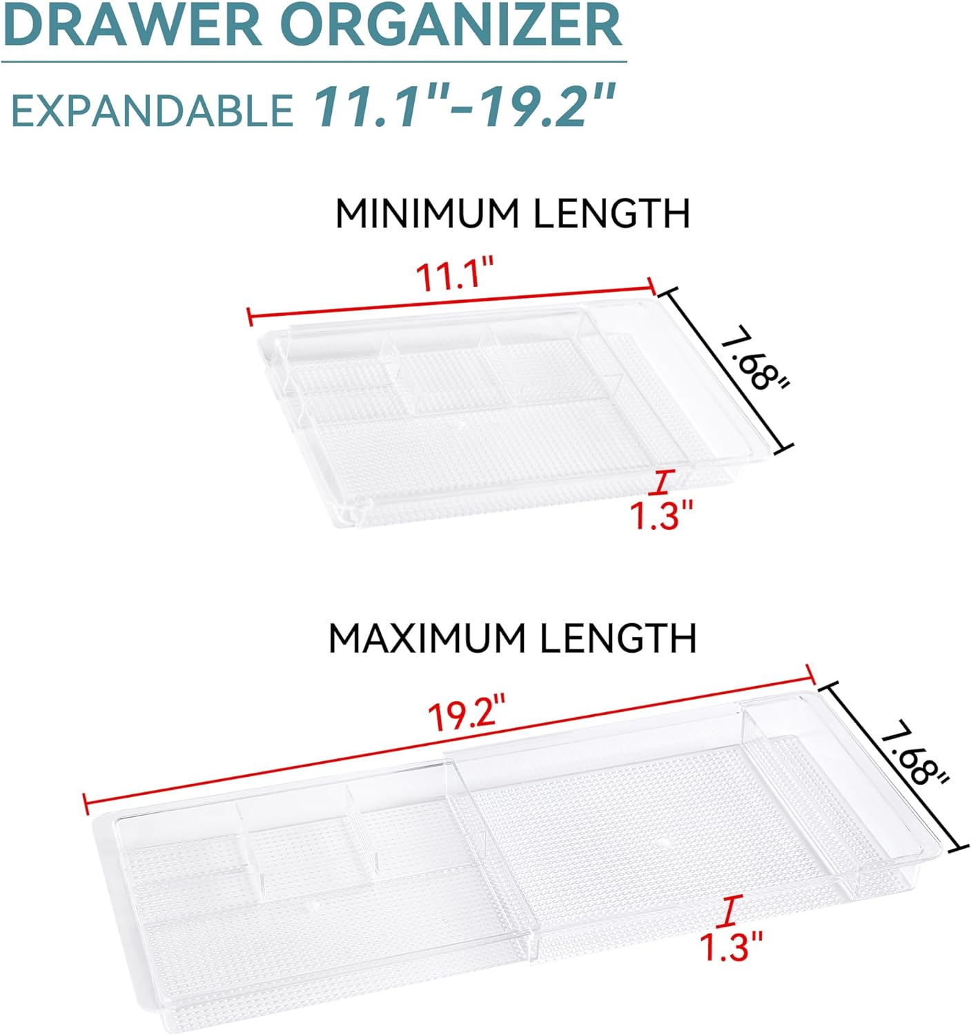 Expandable Drawer Organizer 11.1” to 19.2” Width, Shallow Cosmetic Organizer 1.3” Height, 2 Packs