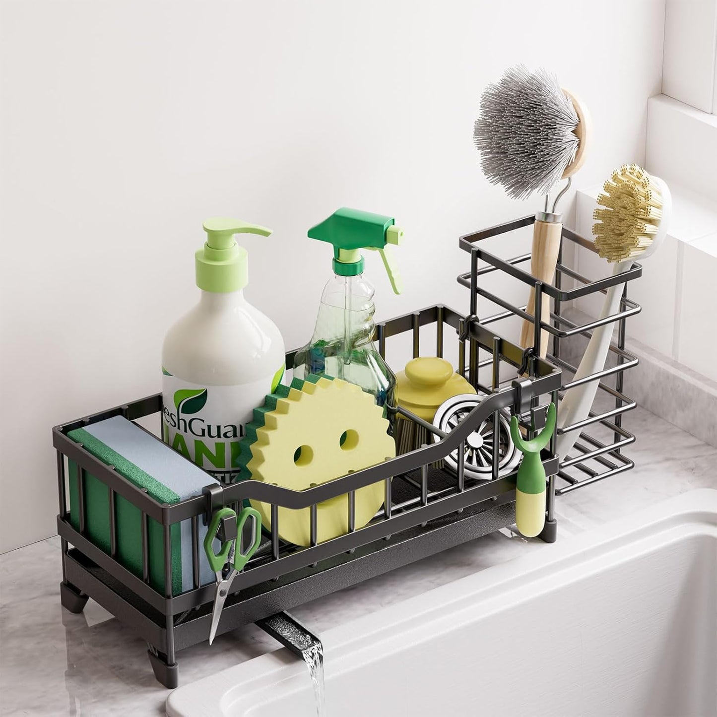 Sponge Holder for Kitchen Sink, Kitchen Sink Caddy with Long-Handled Dish Brushes Holder