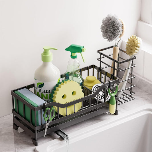 Sponge Holder for Kitchen Sink, Kitchen Sink Caddy with Long-Handled Dish Brushes Holder