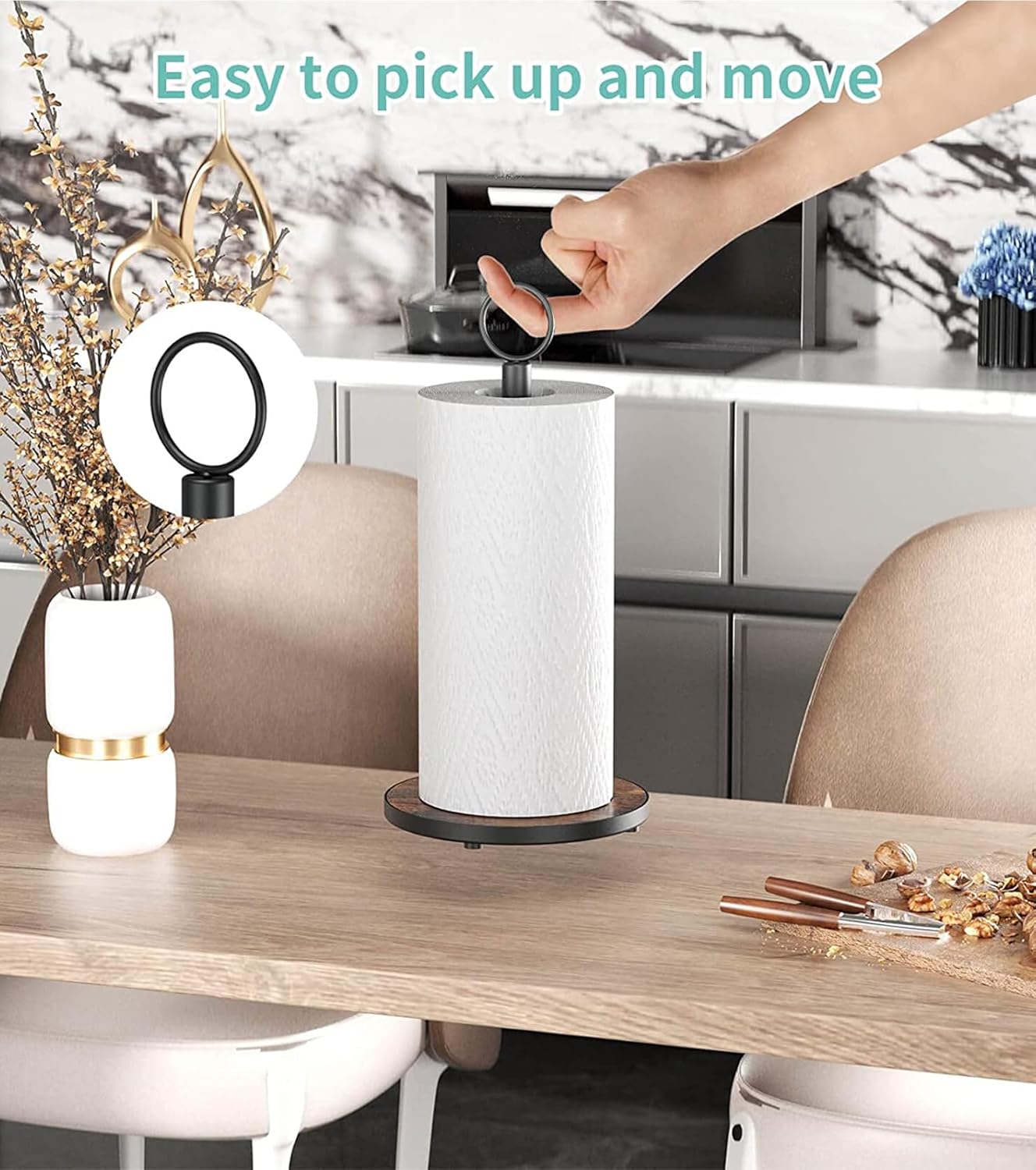 Paper Towel Holder Countertop with Heavy Duty Wood Base