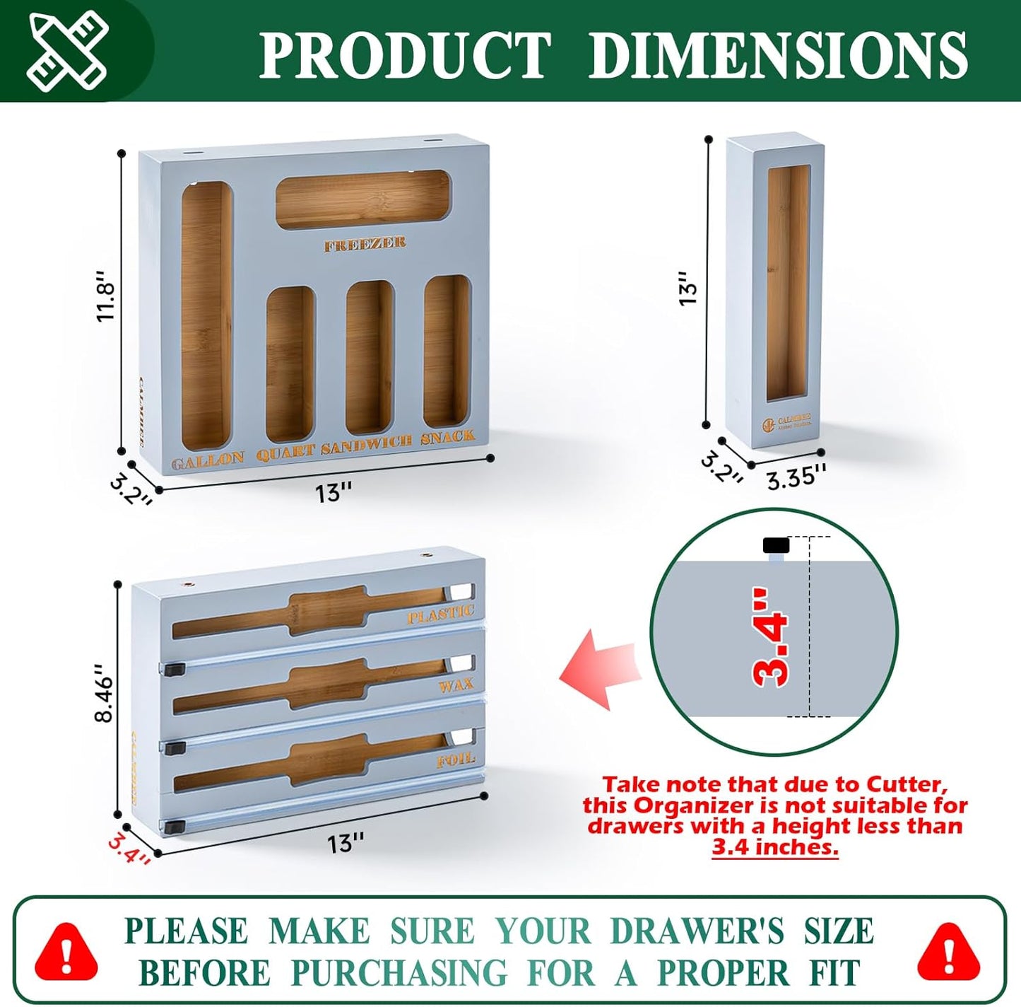 9 in 1 Bamboo Storage Bag Organizer for Kitchen Drawer – Plastic Wrap Dispenser with Cutter & Foil Organizer, Wooden Baggie Organizer for Sandwich, Snack, Gallon, Quart Sizes, Grey