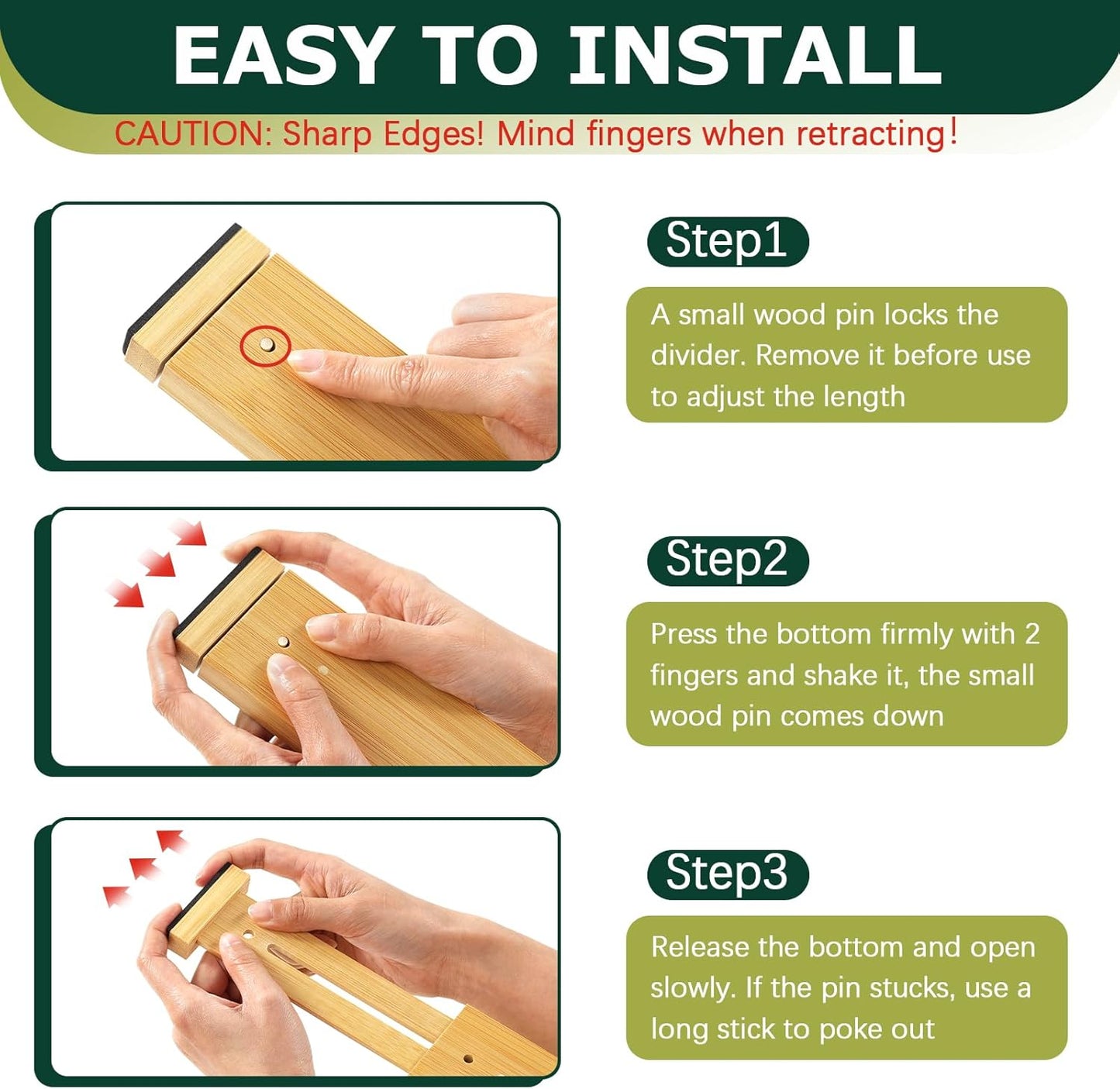 Kitchen Drawer Dividers 6 Pack, 17-22" Adjustable Bamboo Drawer Organizers Large, Spring Loaded
