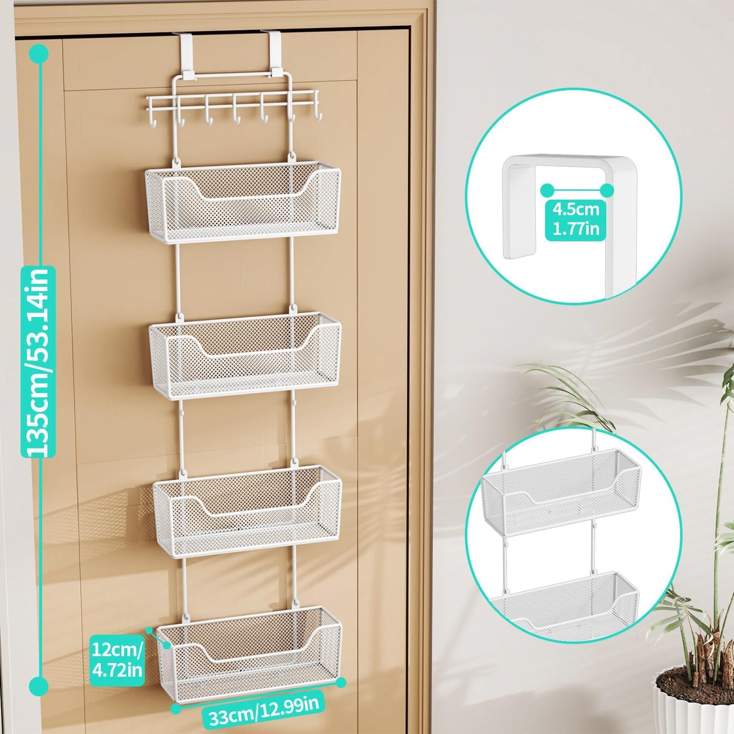 Over Door Organizer Storage - Hanging Door Organizer with 4 Metal Large Capacity Baskets and Adjustable Coat Hook for Bathroom Bedroom Kitchen Pantry Closet Cabinet