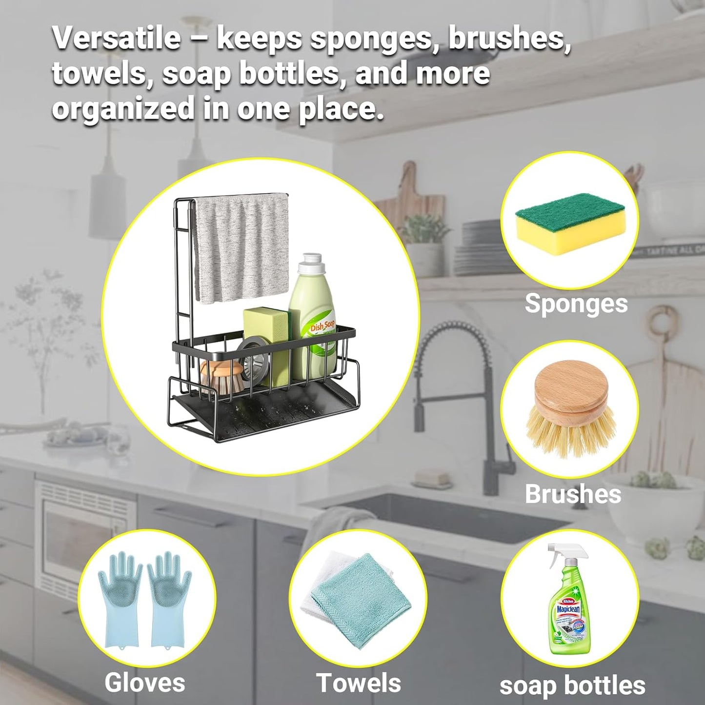 Sponge Holder for Kitchen Sink, Kitchen Sink Organizer with Towel Rack