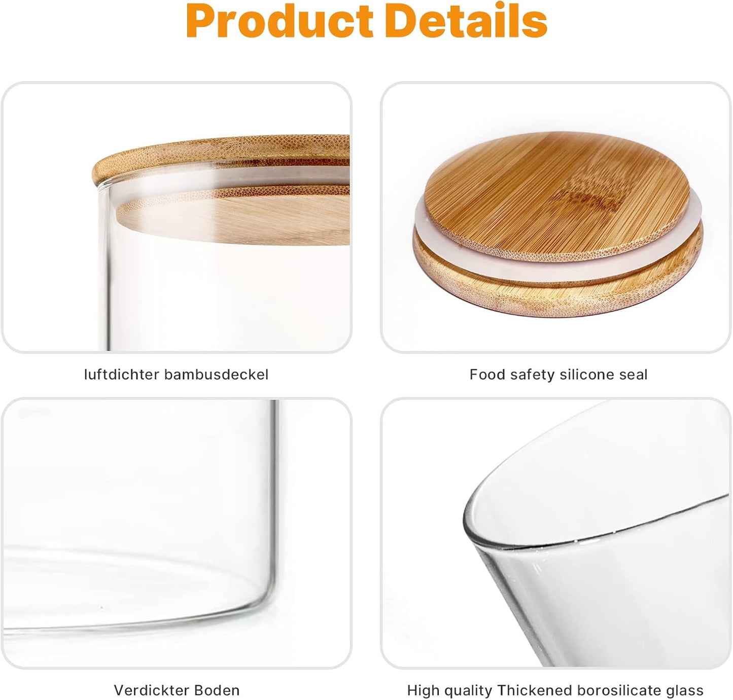Glass Storage Jars [Set of 5],Clear Glass Food Storage Containers with Airtight Bamboo Lid Stackable Kitchen Canisters for Candy,Cookie,Rice,Sugar,Flour,Pasta,Nuts and Spice Jars(Square)