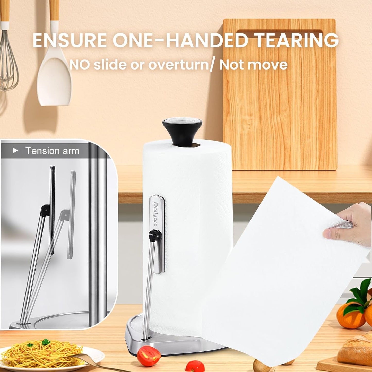 Paper Towel Holder Stand for One Hand Tear with Tension Arm