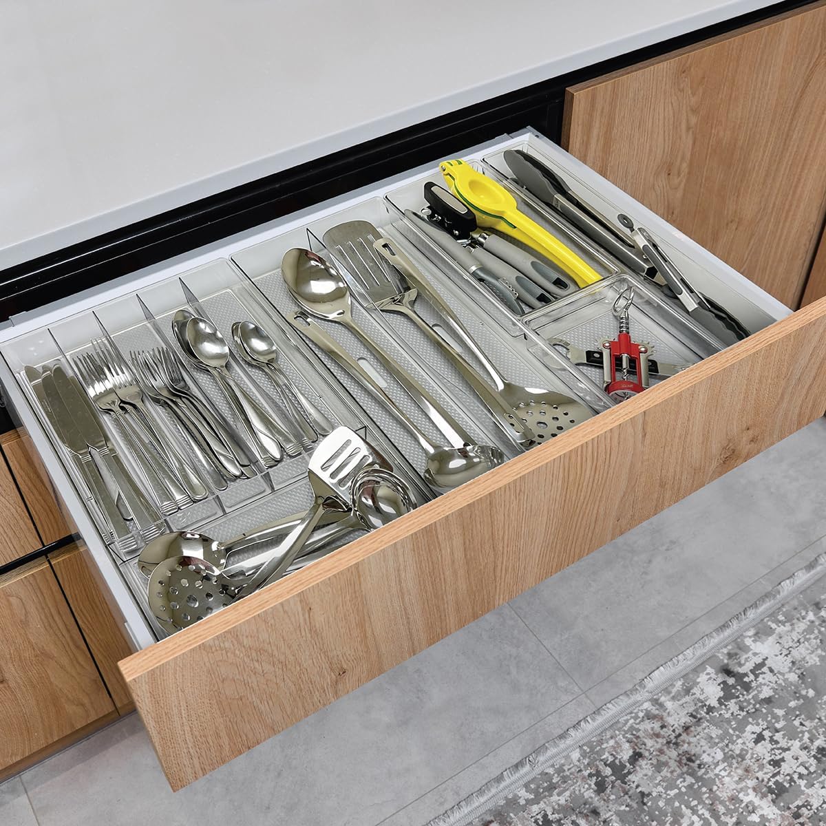 Drawer Organizer Bin, 15x3 - Heavy Duty Clear Plastic Storage Tray for Junk Drawers
