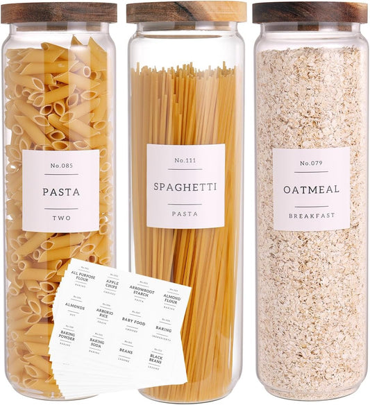 3 Set Glass Pantry Storage Jars with Acacia Airtight Lid