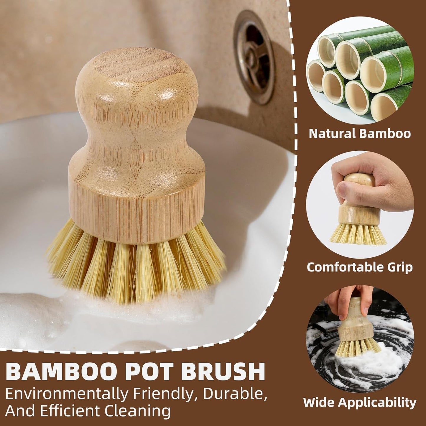 6-Piece Bamboo Dish Brush Set with Fast-Dry Stainless Steel Holder,3xNatural Sisal Bristle Brush & 1xPalm Bristle Kitchen Cleaning Brushes for Dishes, Pots, Pans & Sink