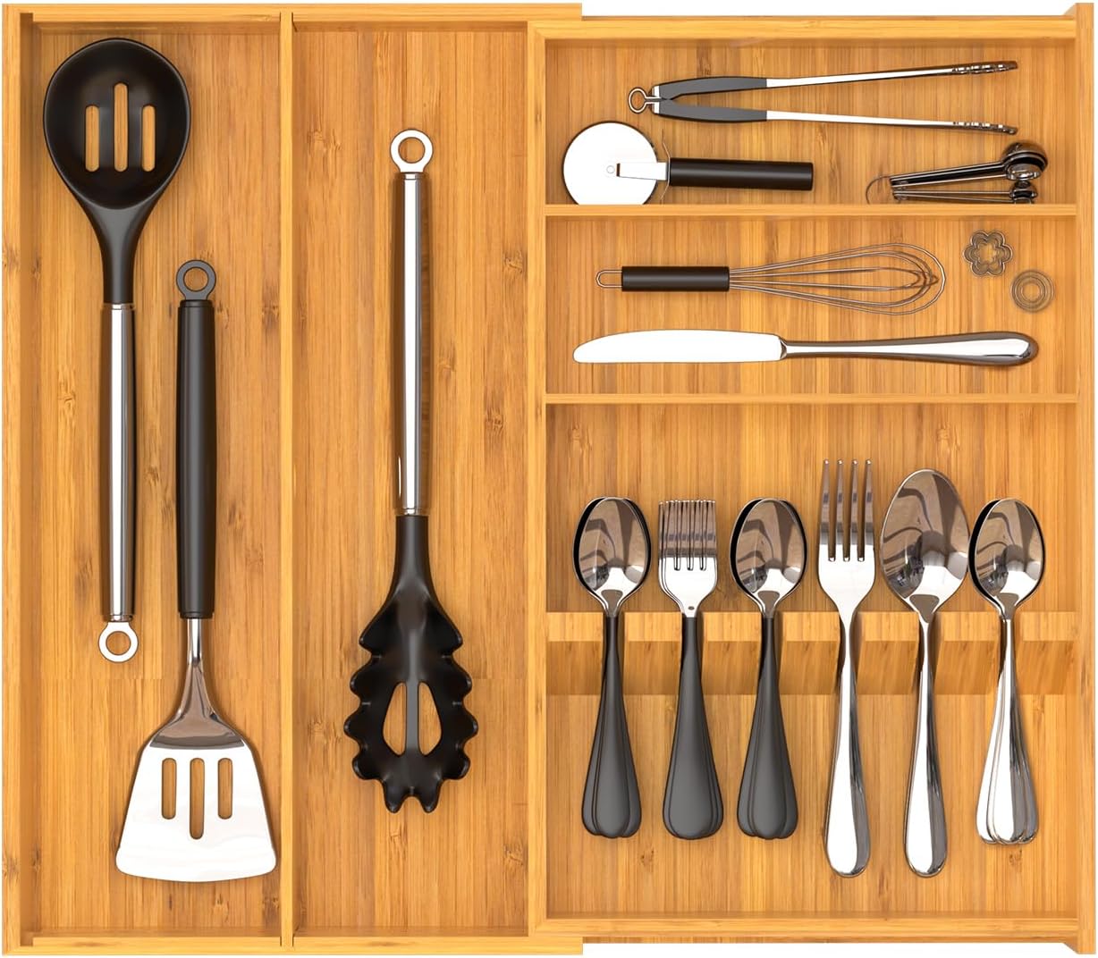Pure Bamboo Silverware Drawer Organizer: 16.9x18.9 Expandable Large Silverware Utensil Tray Holder