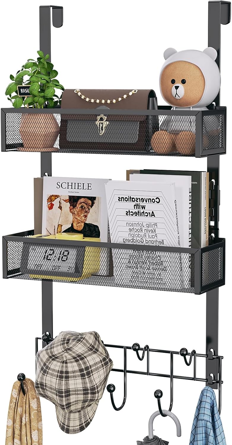 Over The Door Hanger with Coat Hooks and 2 Baskets, Rustproof & Waterproof Over The Door Hooks