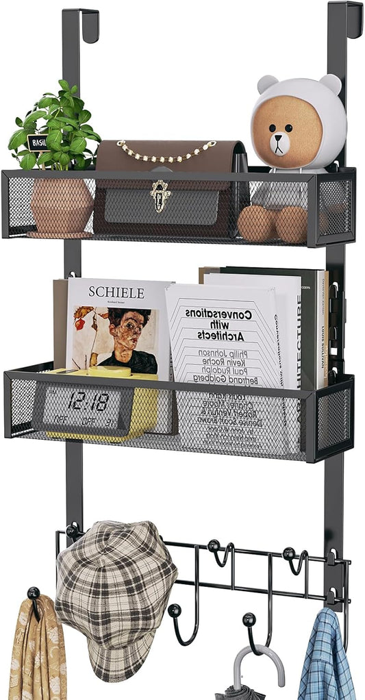 Over The Door Hanger with Coat Hooks and 2 Baskets, Rustproof & Waterproof Over The Door Hooks