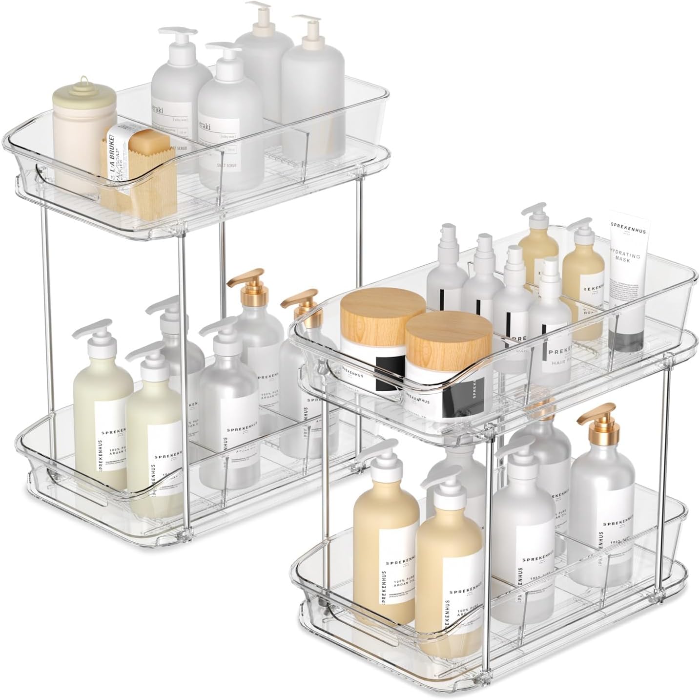 2 Tier Pull-Out Organizer for Bathroom Kitchen, Under Sink Storage with Dividers