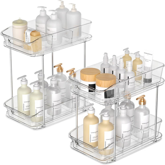 2 Tier Pull-Out Organizer for Bathroom Kitchen, Under Sink Storage with Dividers