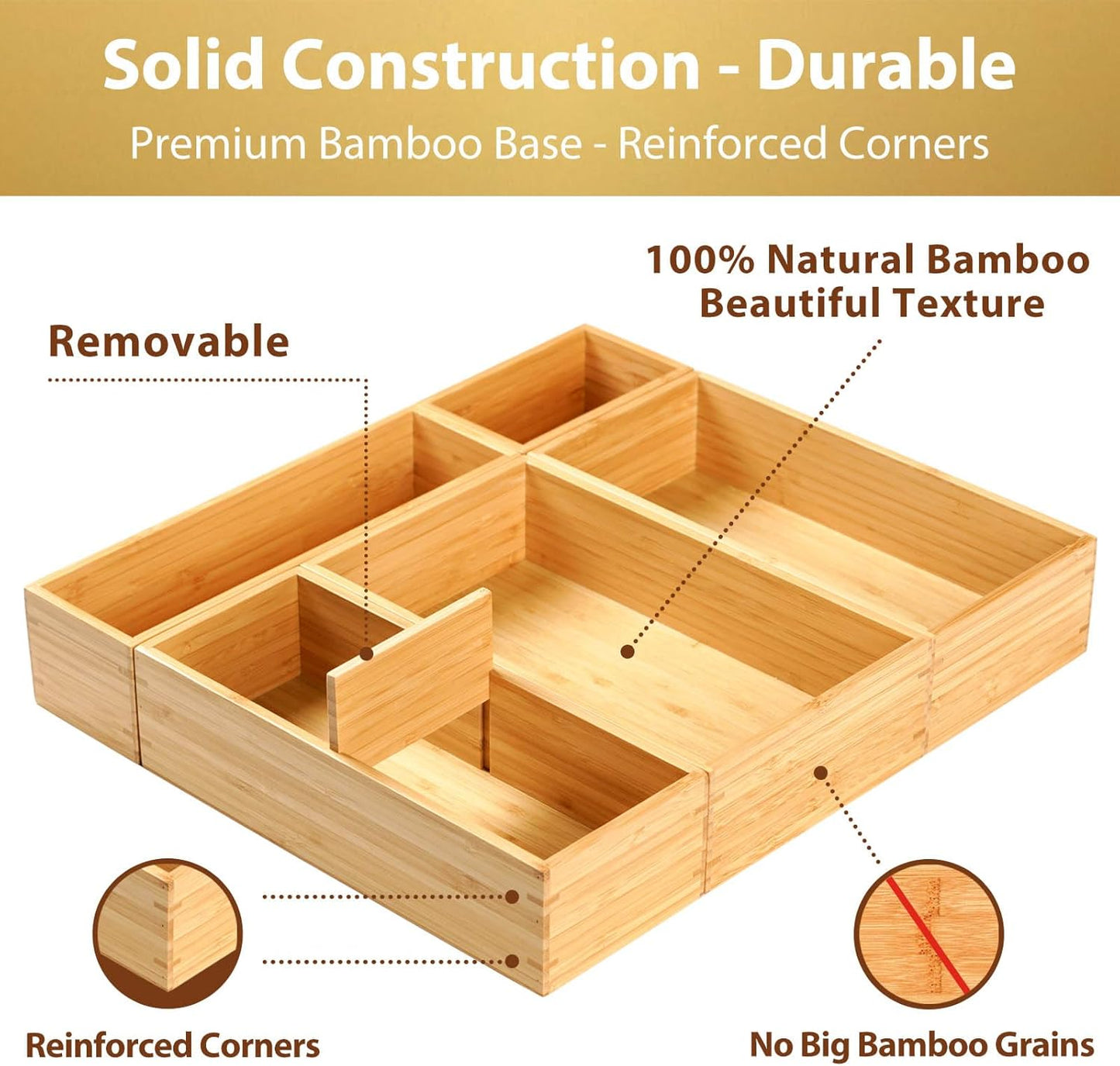 Drawer Organizer Storage Boxes, 2.5" High Bamboo Drawer Dividers, 5 Rearrangeable Bins for Kitchen