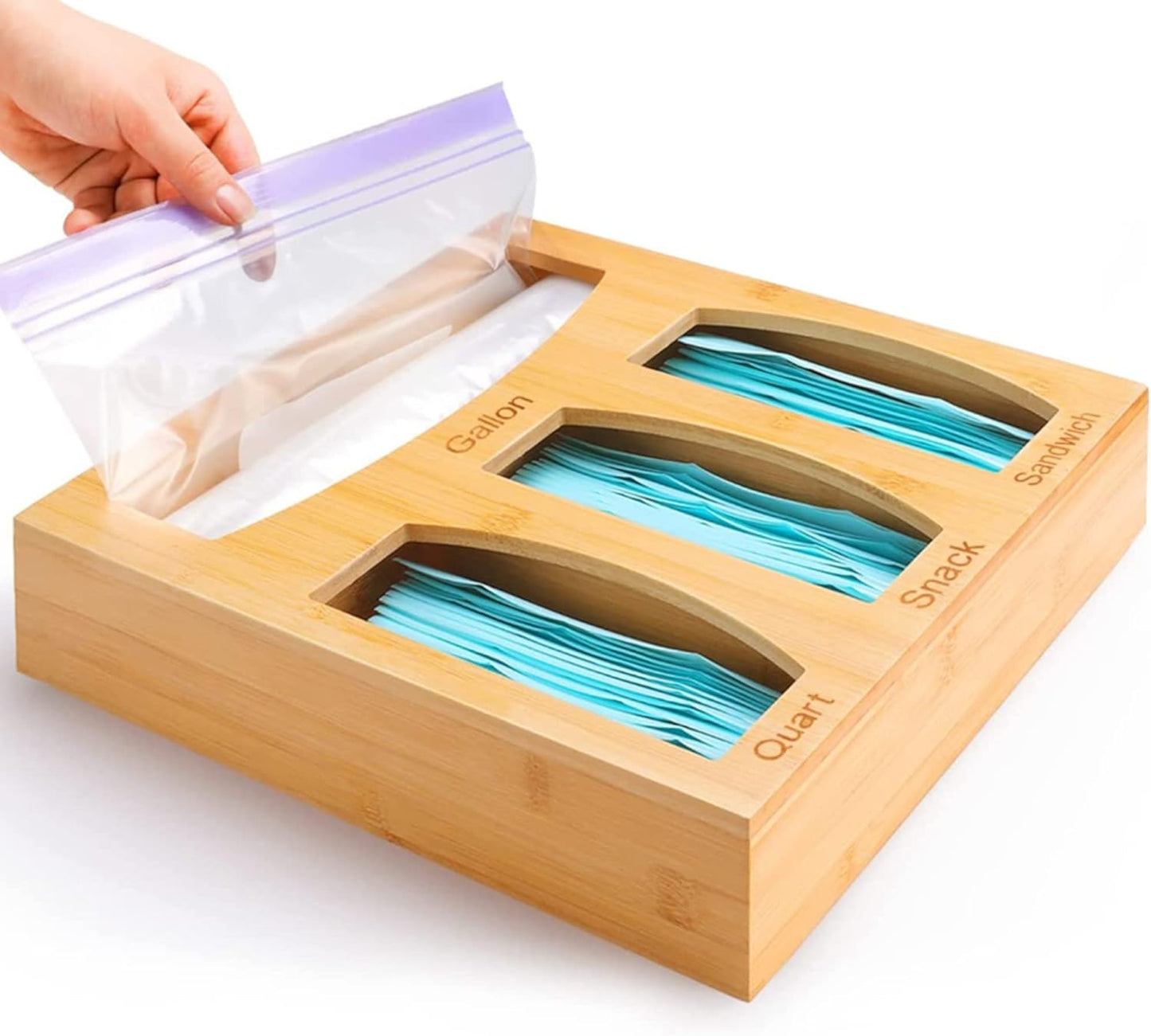 Bamboo Food Bag Storage Organizer for Kitchen Drawer, Baggie Holder for Solimo, Glad, Hefty Gallon