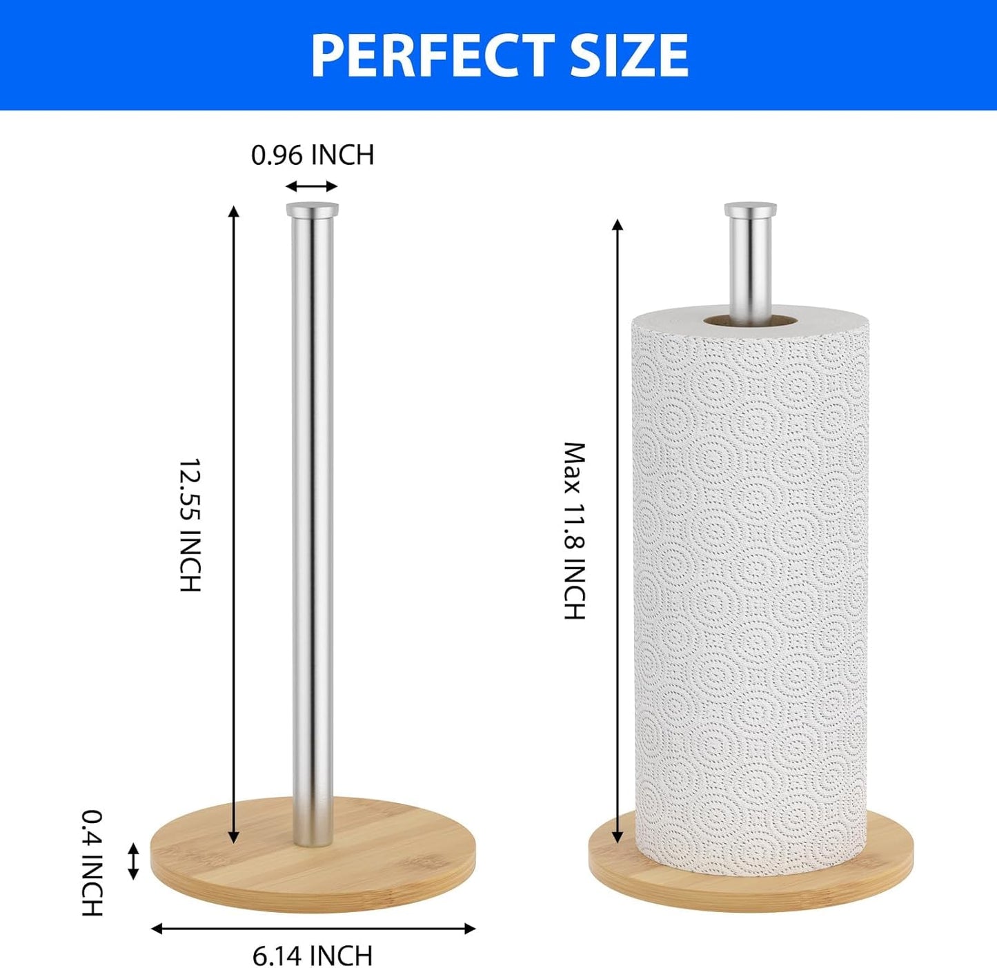 Wooden Paper Towel Holder Countertop, Sliver, Non-Slip Base, Stainless Steel, FreeStanding