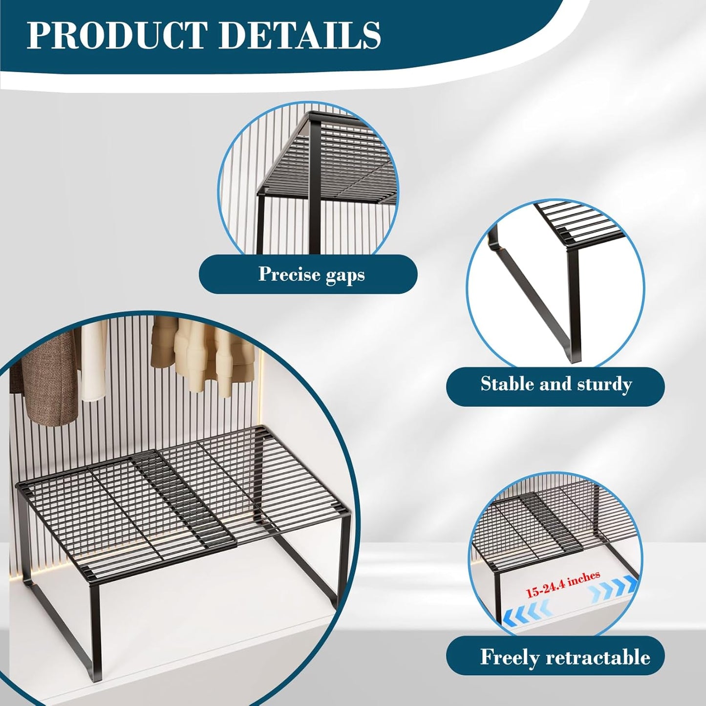 Extendable Metal Wire Shelf Organizer - Adjustable 15-24.4in Length