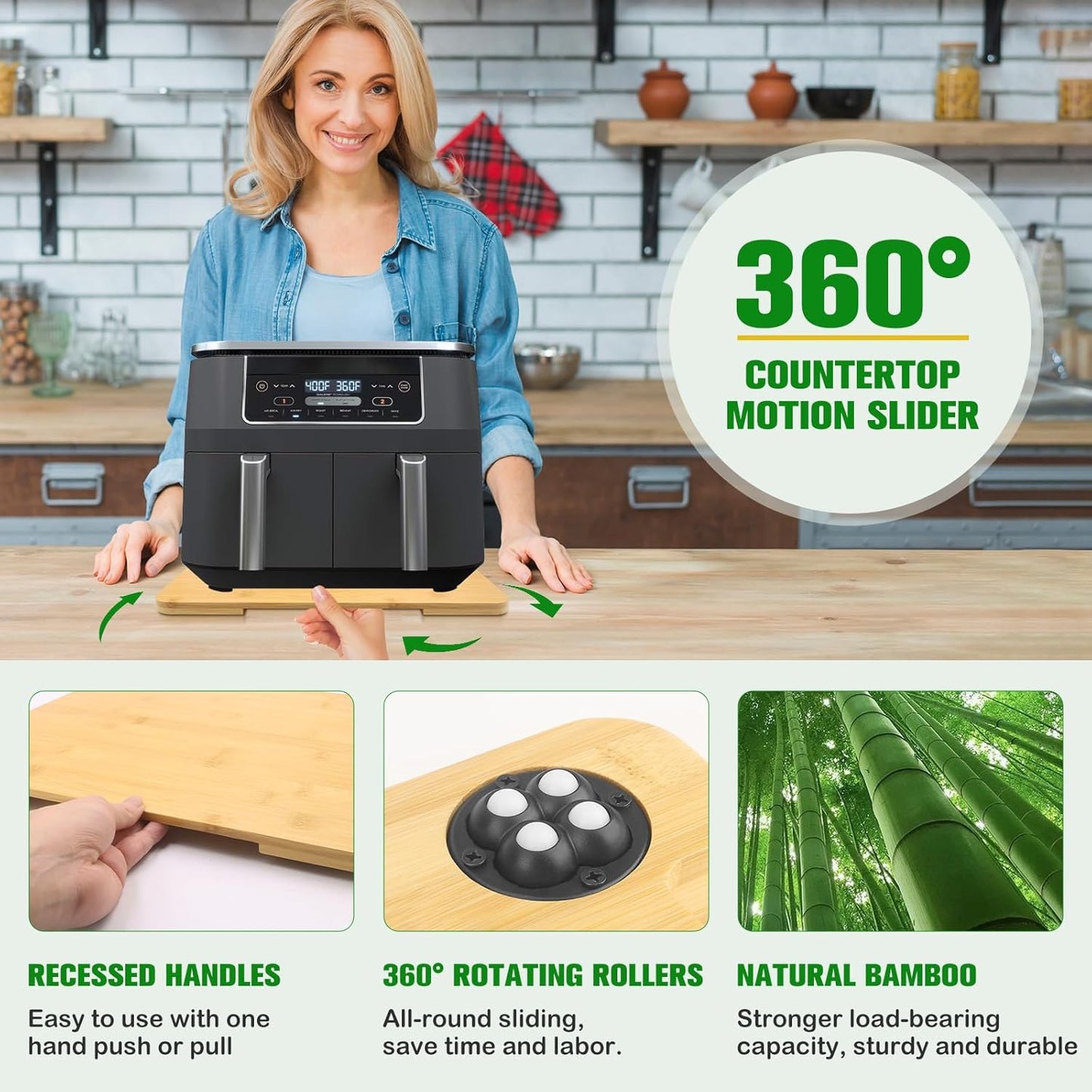 Appliance Slider 360° Rolling Tray for Coffee Maker Bamboo Coffee Pot Slider Tray for Countertop Rotation Sliding Tray with Wheels, Appliances Mat Easily from Under The Cabinet Natural(15.7"×13")