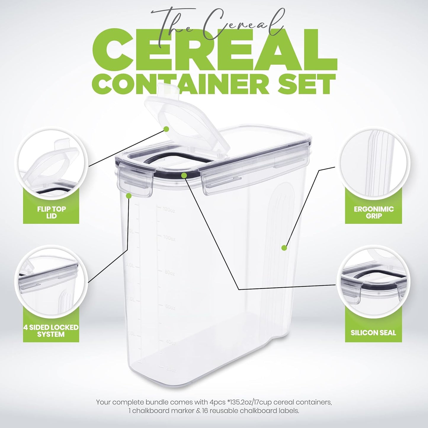 Cereal Containers Storage Set – 4 Pack 4L(135.2 oz) Airtight Food Storage Containers with Lids