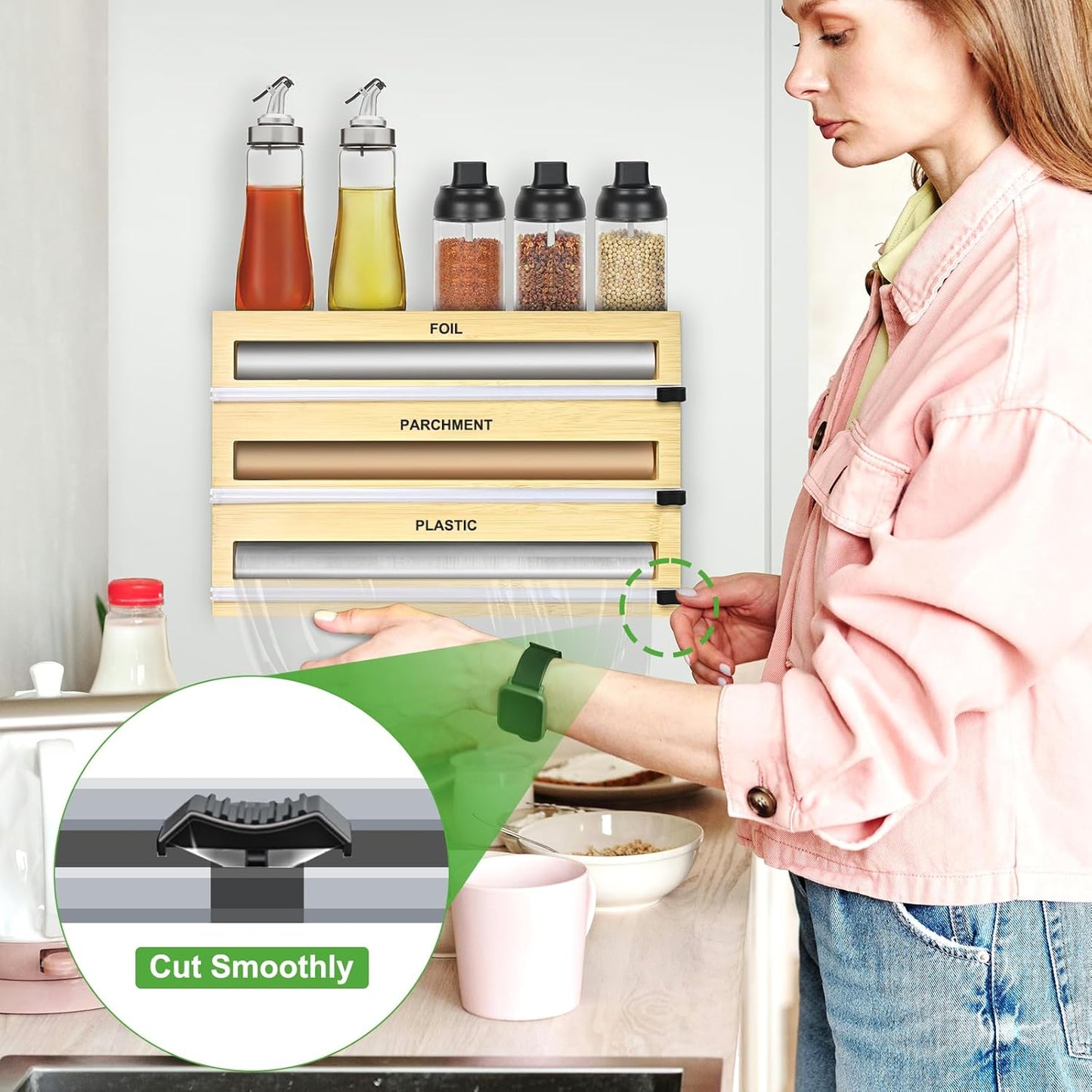 Magnetic Plastic Wrap Dispenser with Cutter, 3 in 1 Refrigerator Bamboo Organizer for Tin Foil