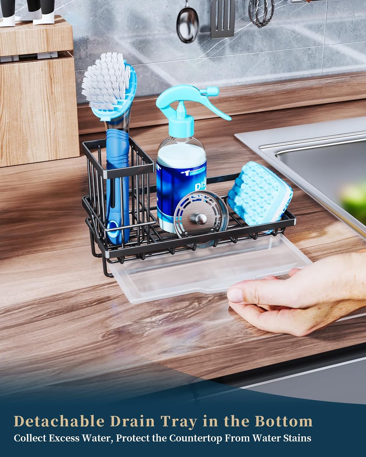 Sponge Holder for Kitchen Sink - Kitchen Sink Caddy Organizer with Removable Drip Tray for Countertop Dish Soap Dispenser Brush Storage Accessories 304 Stainless Steel - Black