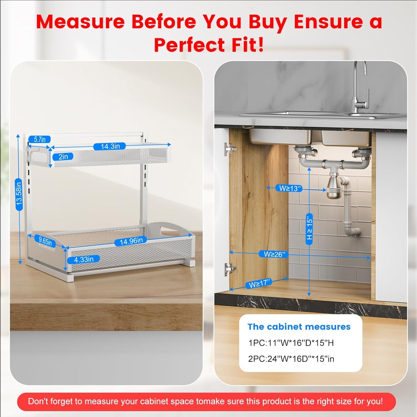 Metal Under Sink Organizer, Pull Out Cabinet Organizer Rack with Silk-Smooth Bottom Drawer
