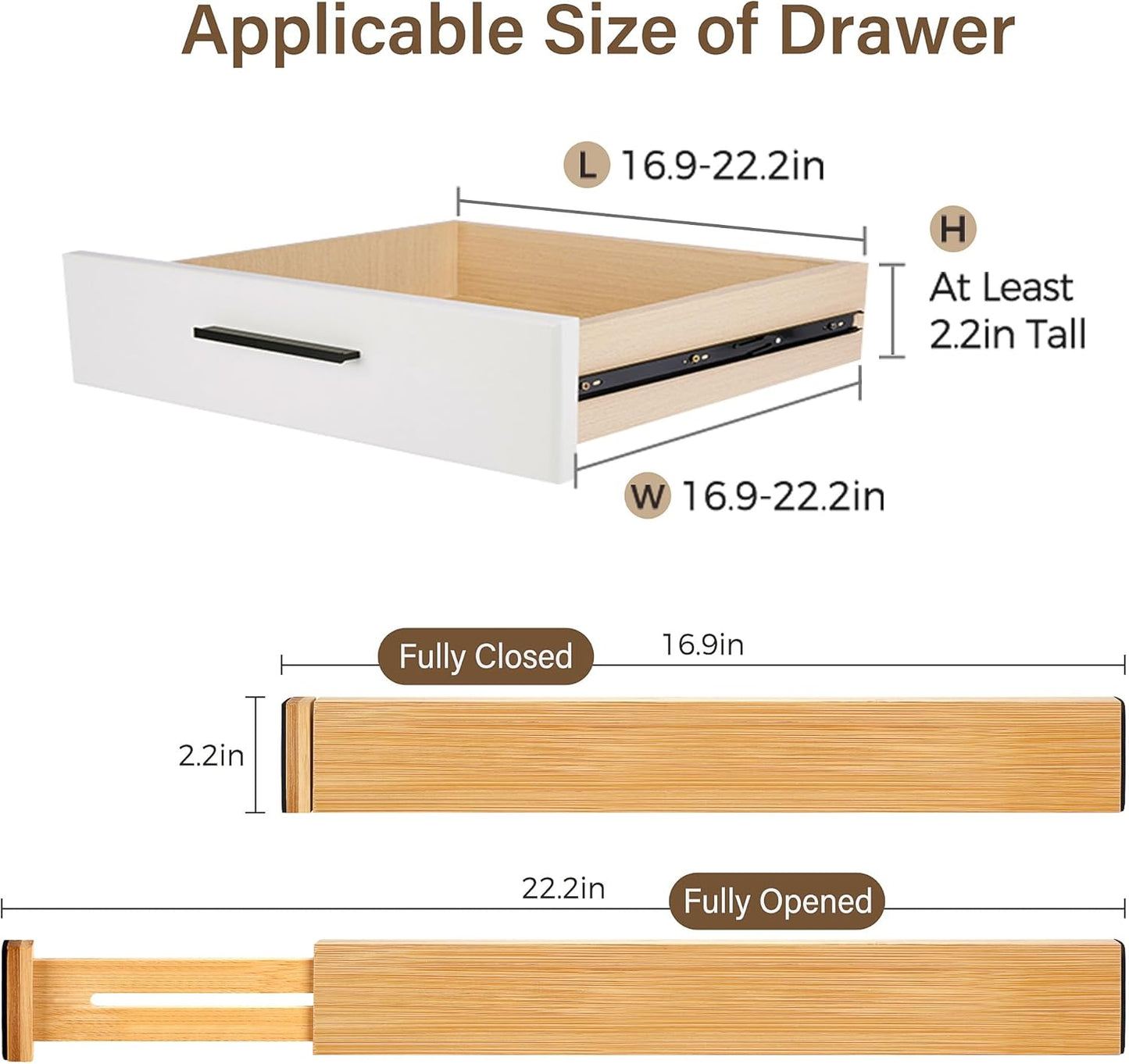 Bamboo Drawer Divider Set of 4, Adjustable Spring-Loaded Drawer Organizer (16.9"-22.2")