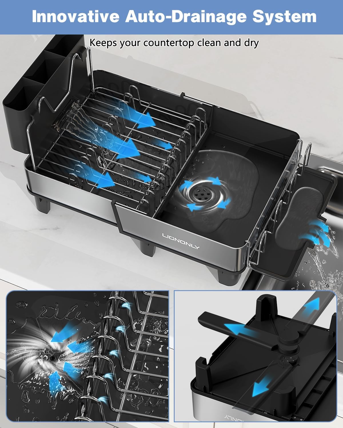 Dish Drying Rack, 304 Stainless Steel Exendable Dish Rack with Adjustable Drain Spout