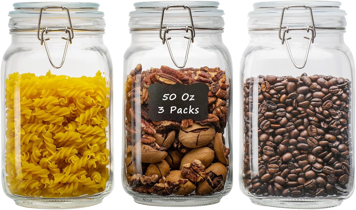 50oz Square Glass Food Storage Jars with Airtight Clamp Lids