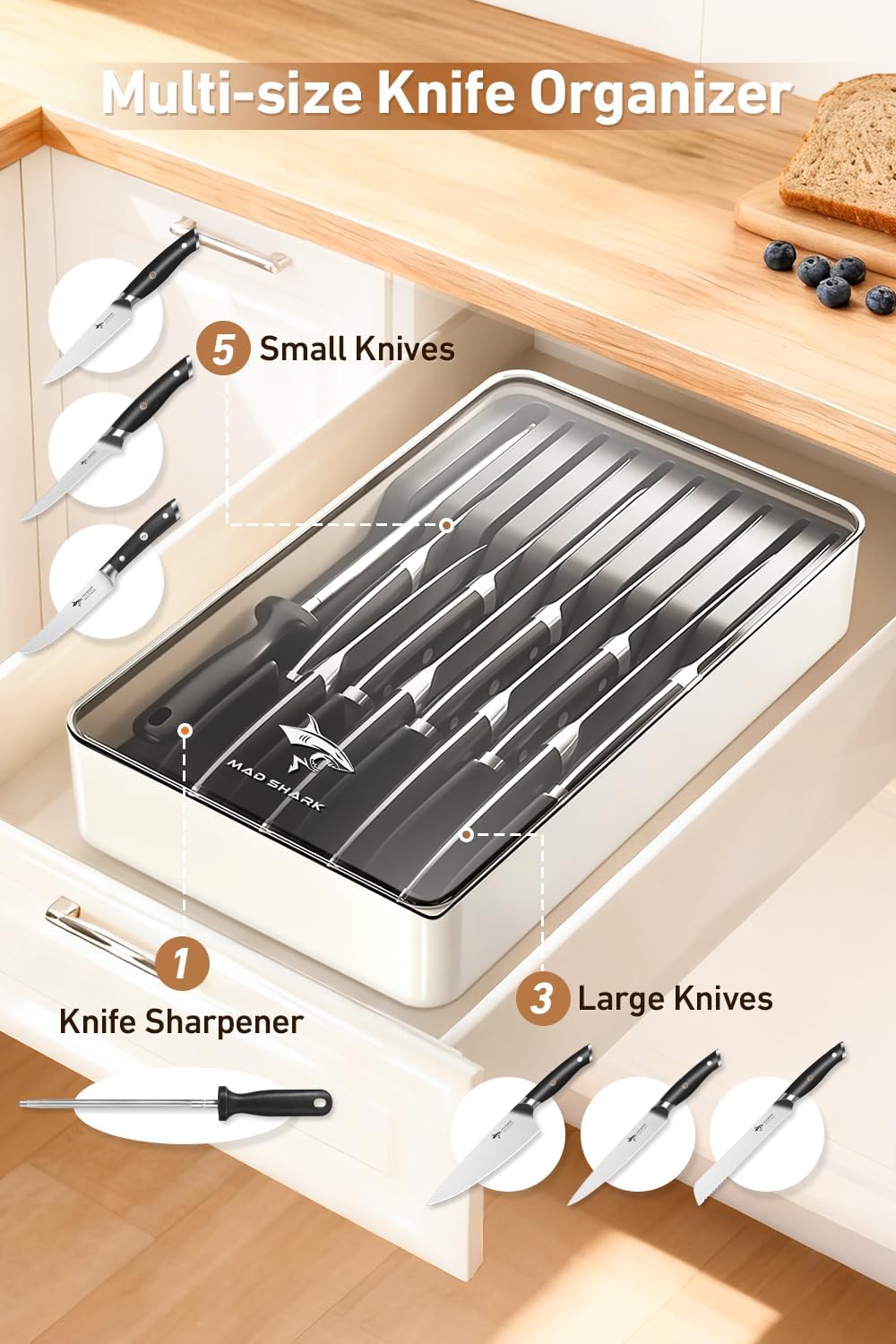 2-in-1 Detachable Knife Block & Silverware Organizer, Drawer Knife Holder for 10 Knives, BPA-Free