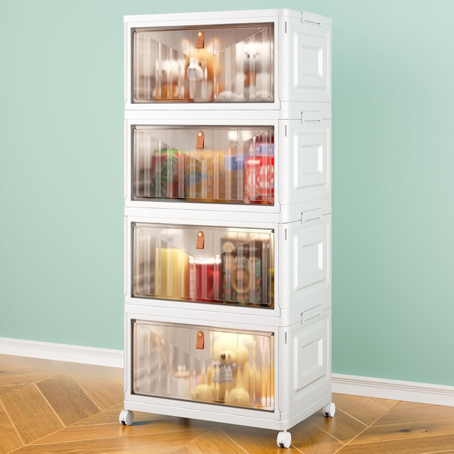4 Tier Storage Bins with Lids, 23QT Stackable Closet Organizers and Storage with Wheels