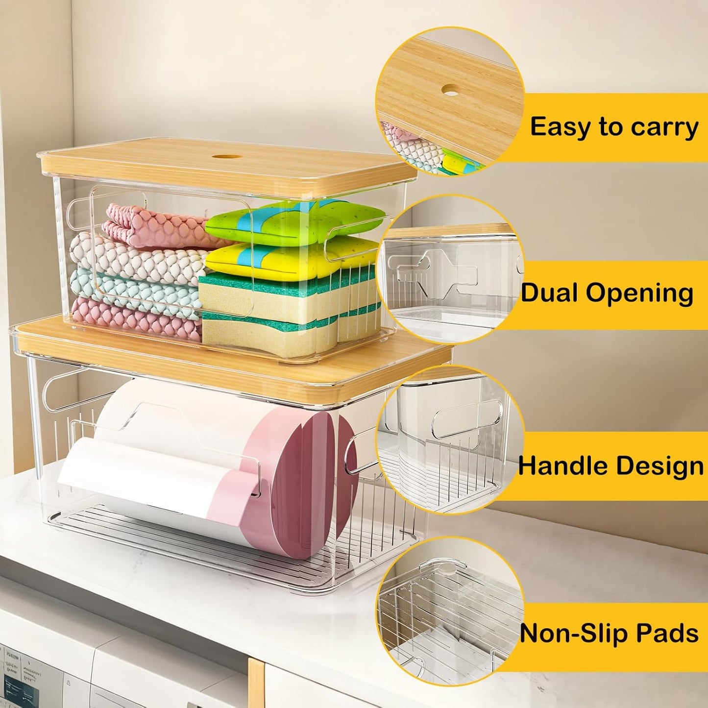 2 Pack Trash Bag Holder with Bamboo Lid, Stackable Garbage Bag Dispenser Under Sink