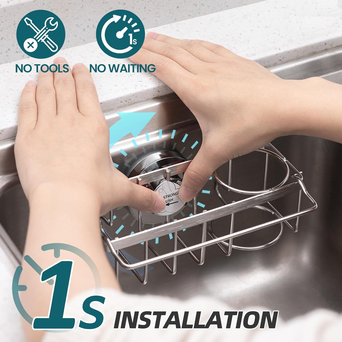 4-in-1 Sink Caddy with Strong Suction Cup, Sponge Holder for Kitchen Sink Organizer, Removable
