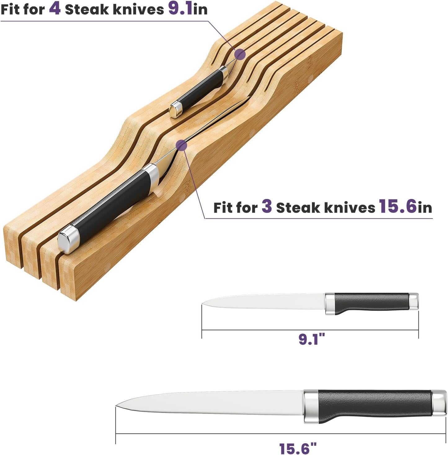 Bamboo In-Drawer Knife Block for 7 Knives(Not Included)