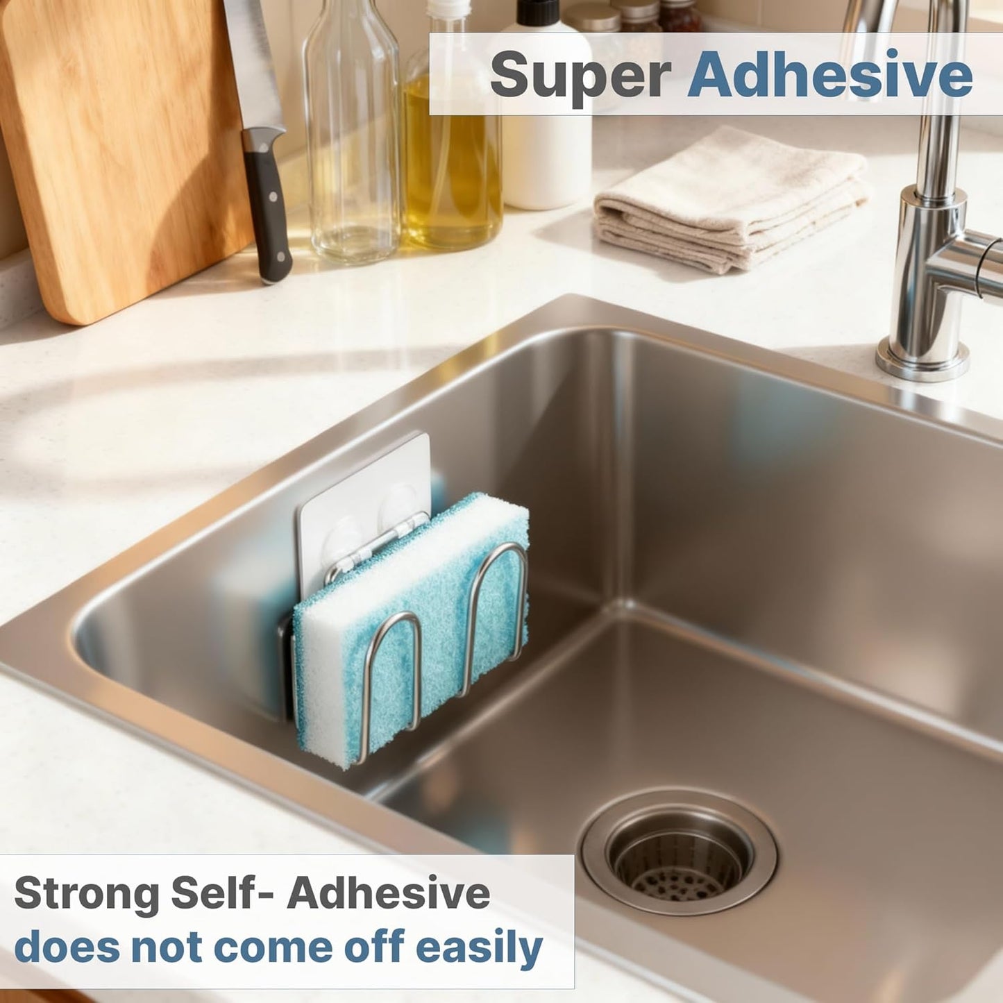 Kitchen Sponge Holder | Sink Caddy for Sponges, Scrubbers, Soap. No Drilling, Adhesive